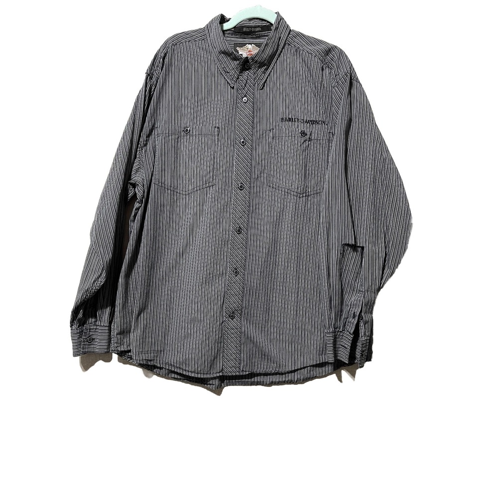 Harley Davidson Shirt Mens XL Embroidered Logo‎ Striped Button Up Black *Cut*